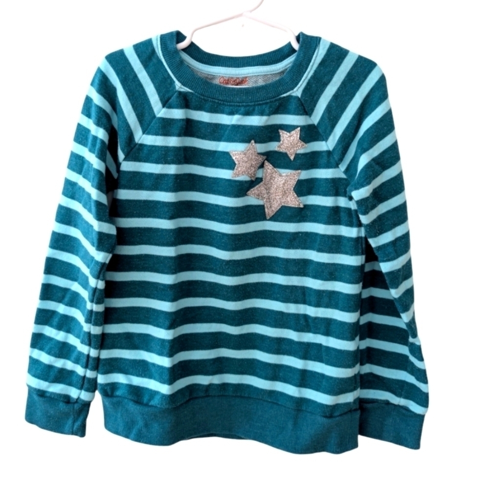 Cat & Jack Girls Teal Striped Sweater With Silver Stars Cotton Sizes 6x